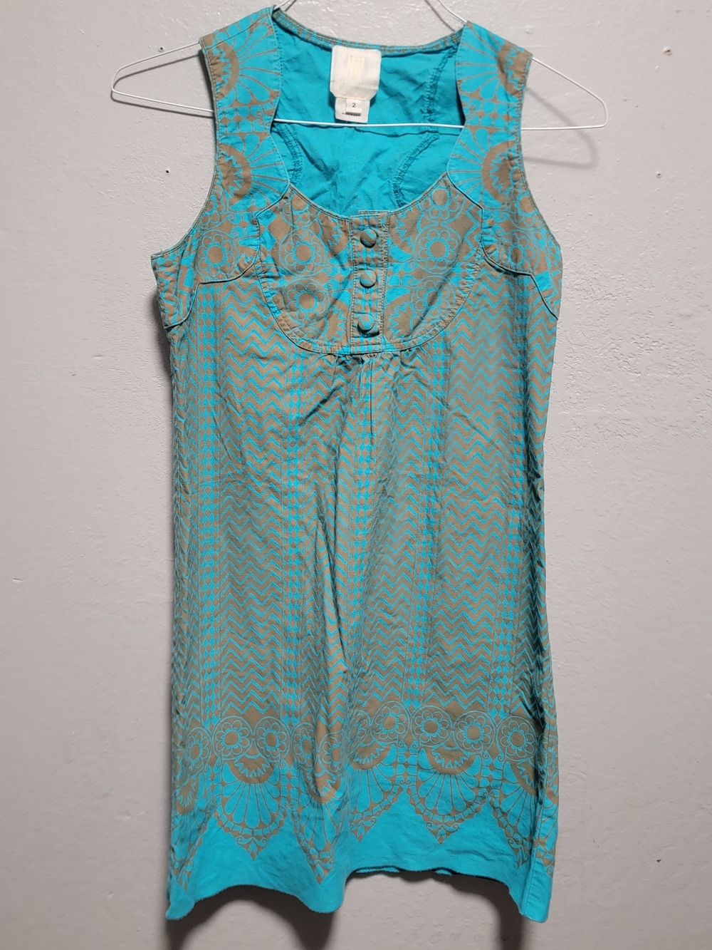 Anthropologie Turquoise & Tan Sleeveless Embroidered Shift Dress